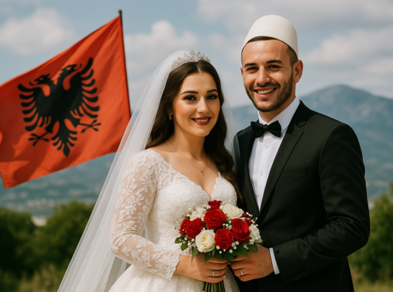 20251003 0023 Albanian Wedding Celebration simple compose 01k6kg9rtee8jv7pjw0kpwbz2k 560x416 - Martesa në Kanunin e Lekë Dukagjinit – Rregull, nder dhe zakone